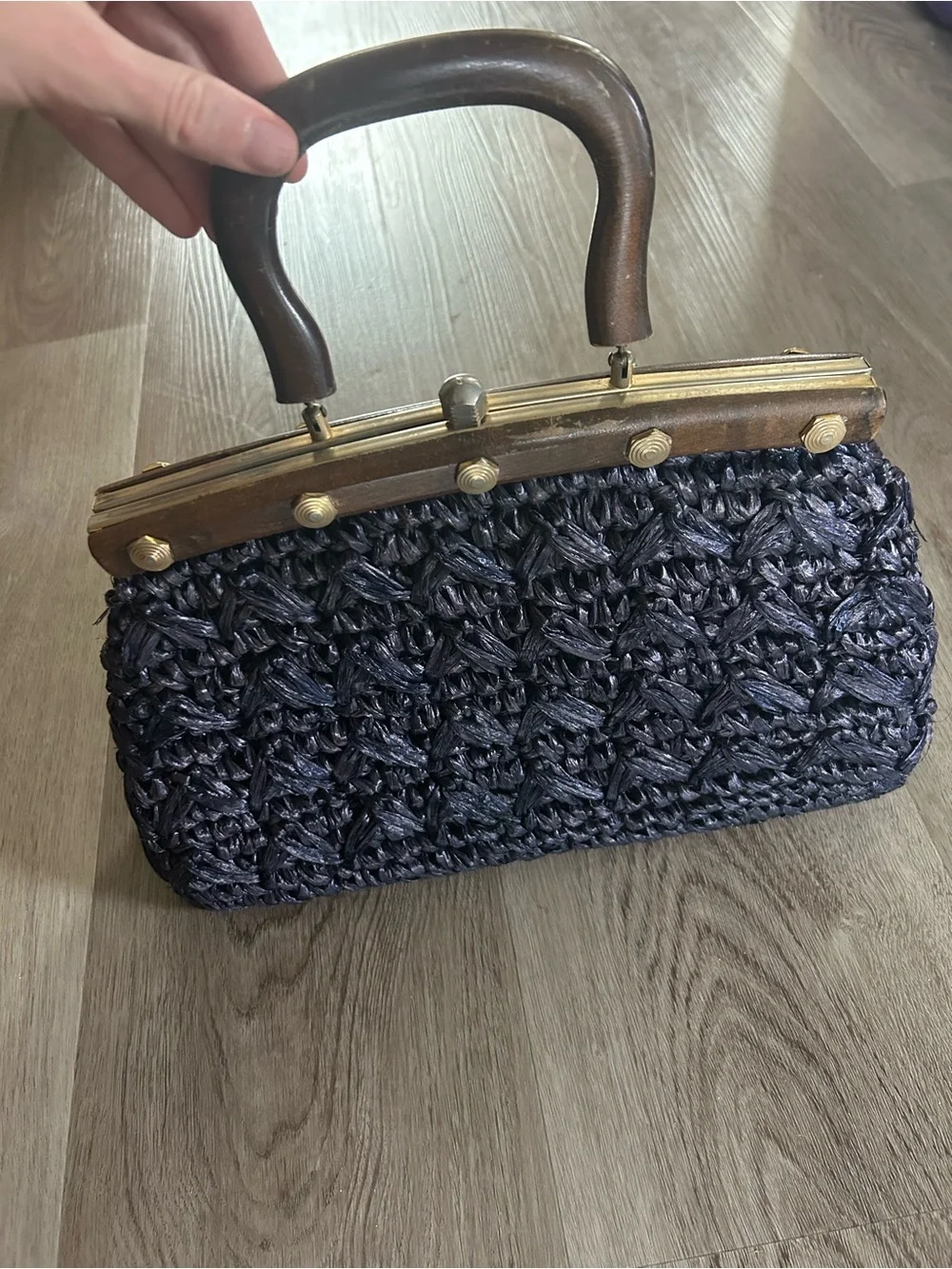Vintage 1960s Raffia/Wooden Handbag, Purse